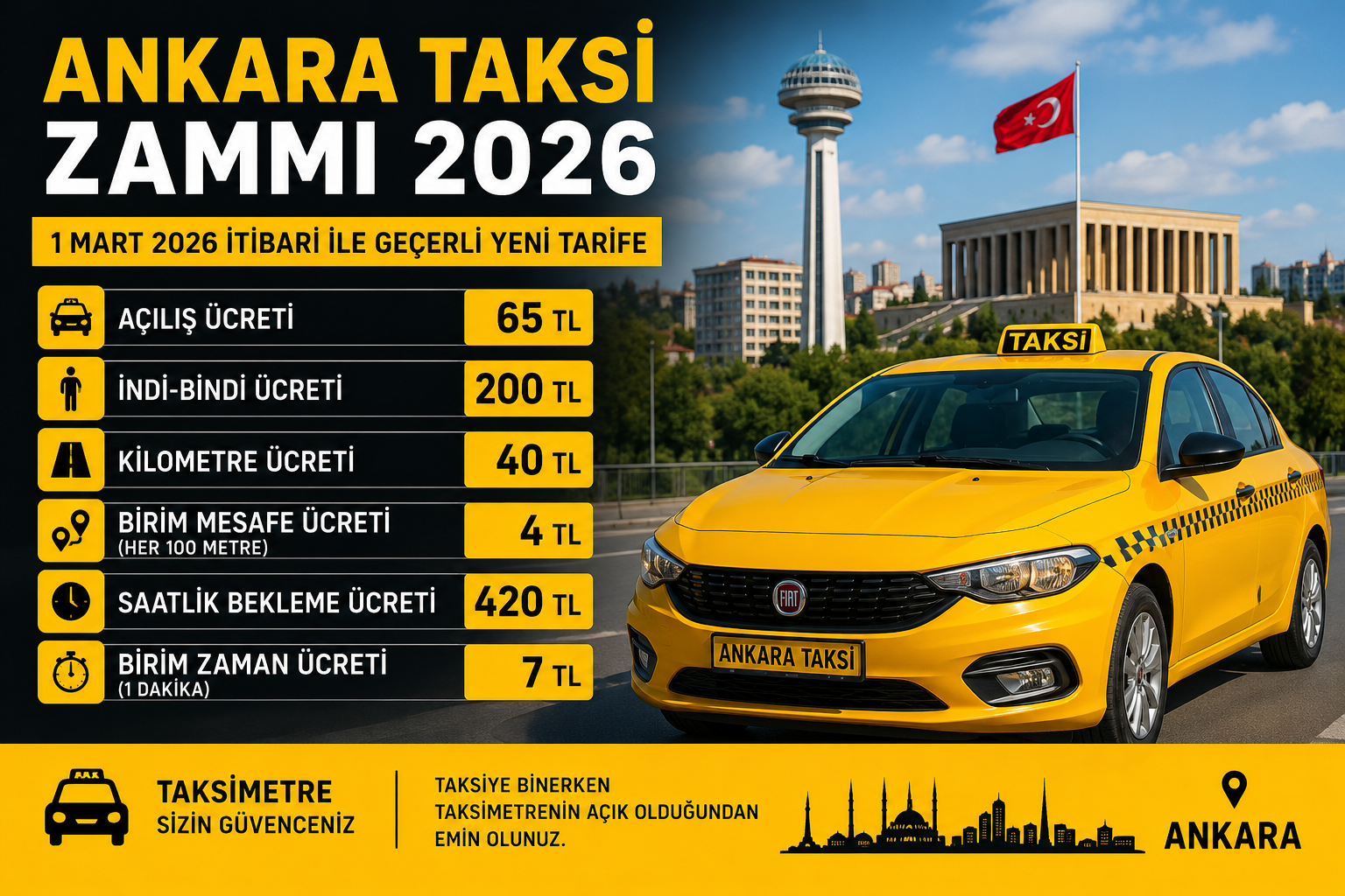 Ankara Taksi Zammı 2026 | Güncel Taksi Ücretleri, İndi-Bindi ve Km Hesaplama